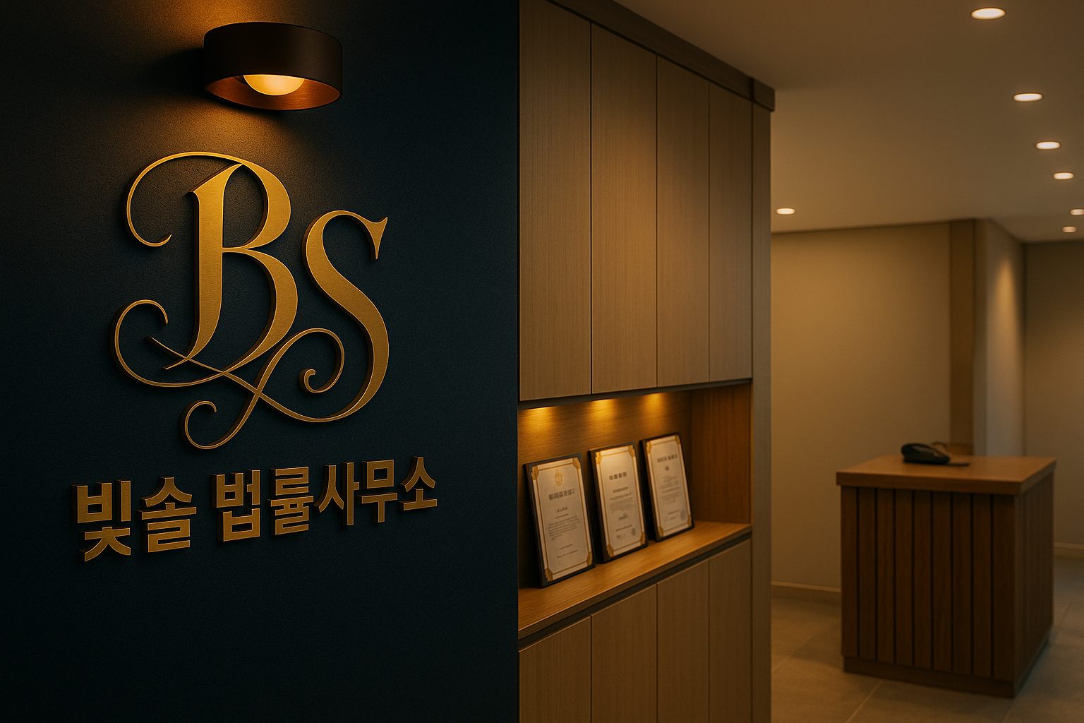 빛솔 법률사무소 사무실 입구 — BS 골드 로고 사인